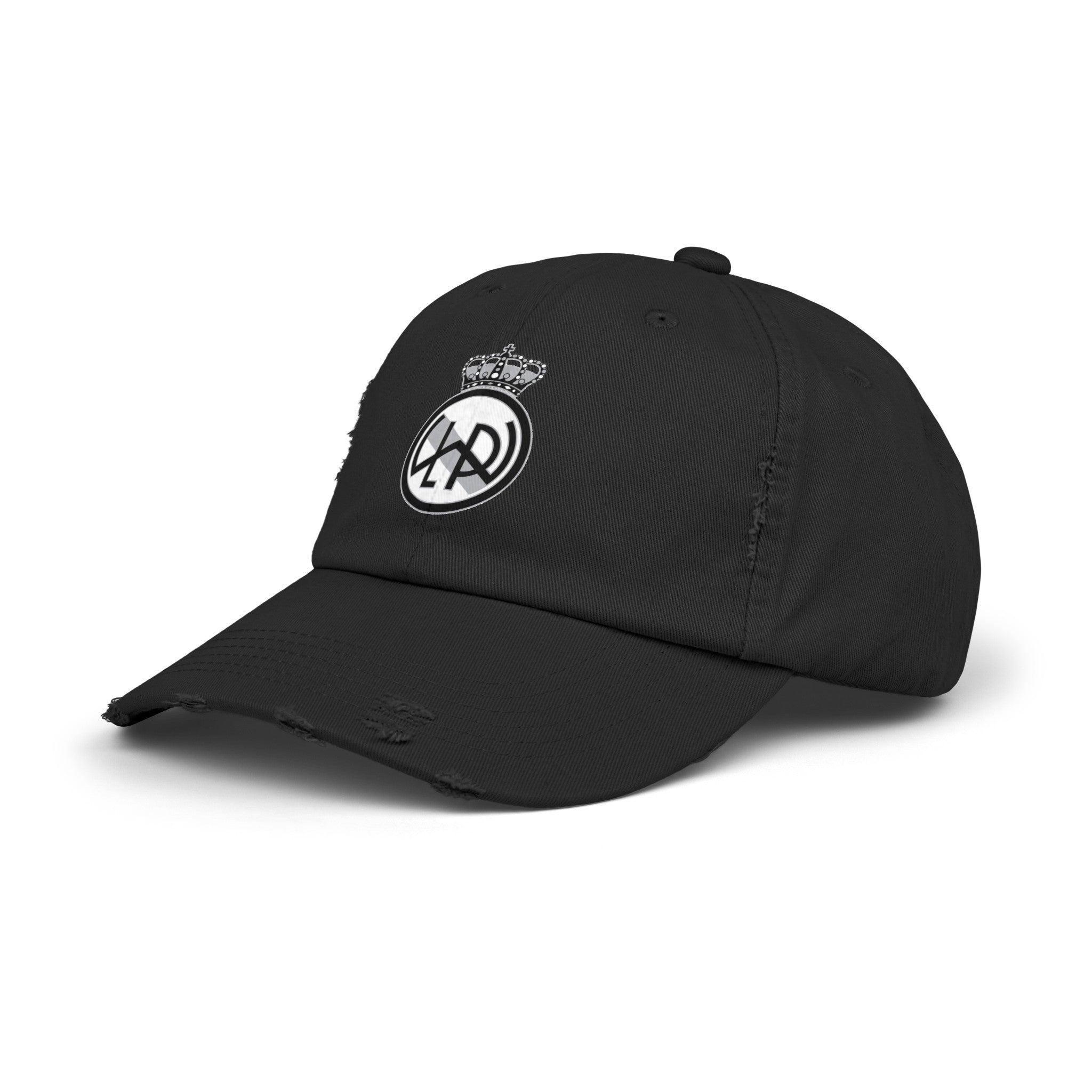 Custom distressed baseball hat in near black color with LWPFC Club crest in black and gray.