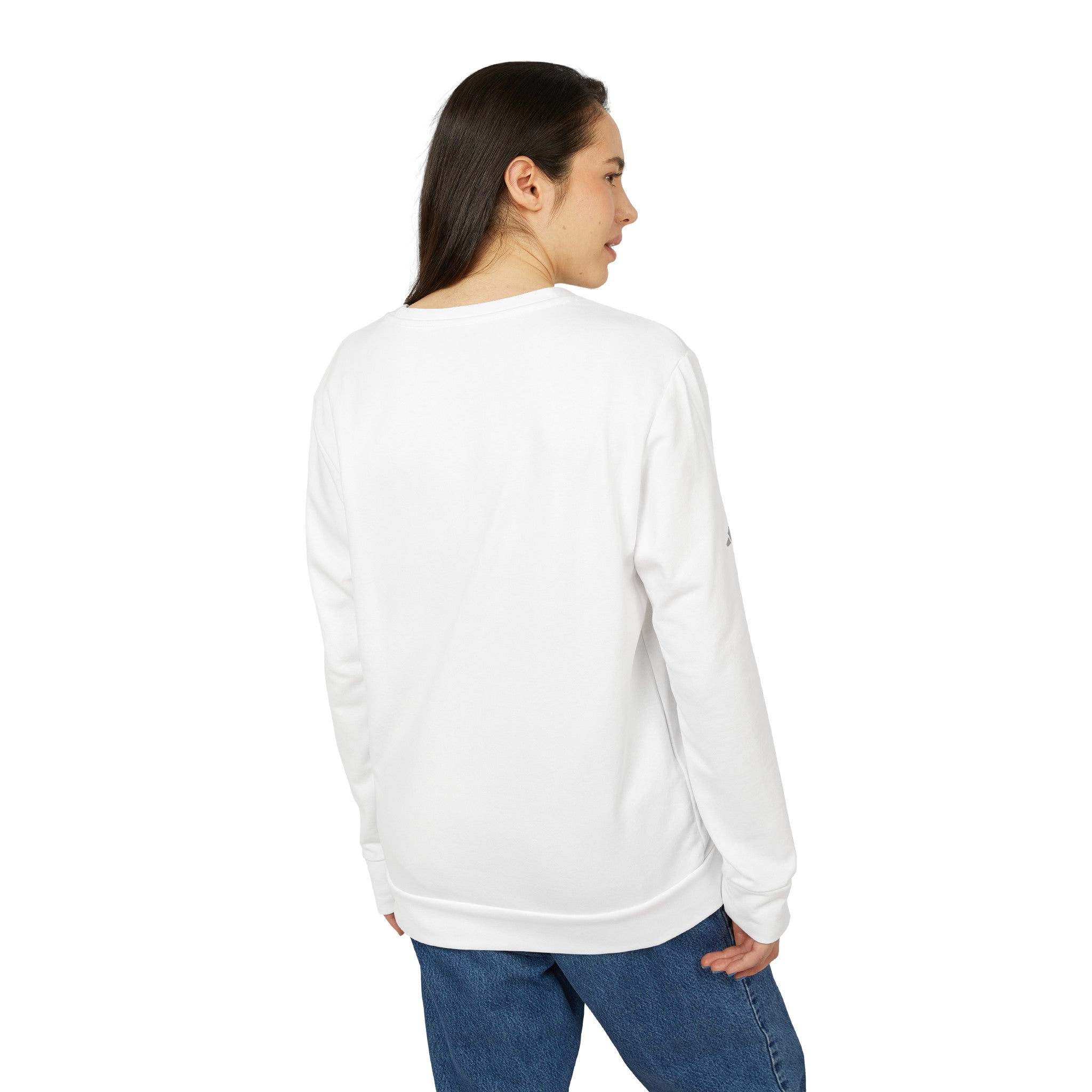 Adidas White Crewneck Sweatshirt worn by a young women with her back to the camera