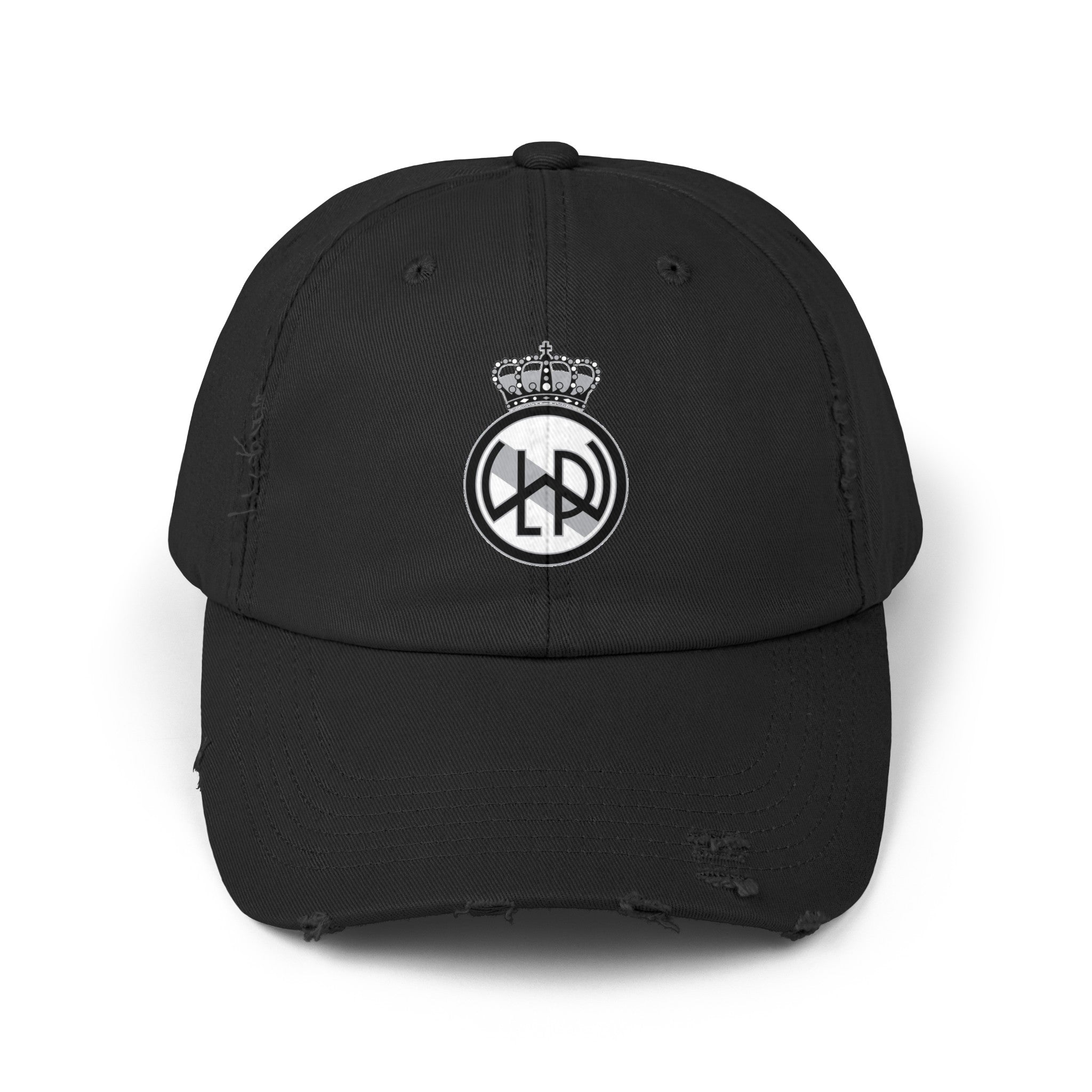 Custom distressed baseball hat in near black color with LWPFC Club crest in black and gray.