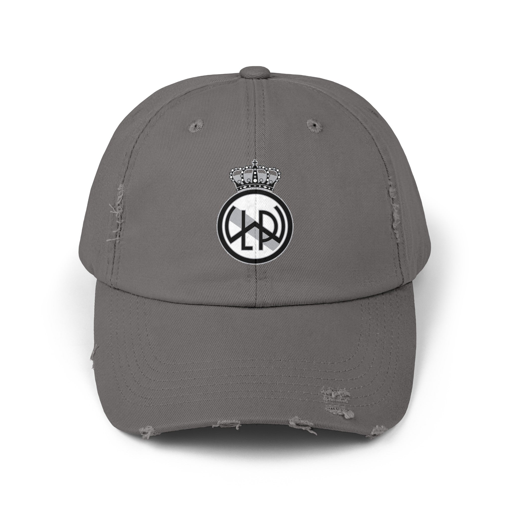 Custom distressed baseball hat in nickel gray color with LWPFC Club crest in black and gray.