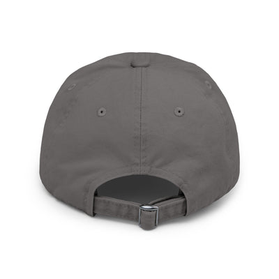 Custom distressed baseball hat in nickel gray color with LWPFC Club crest in black and gray.