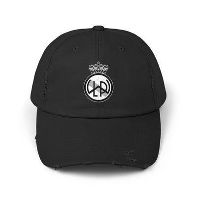 Custom distressed baseball hat in near black color with LWPFC Club crest in black and gray.