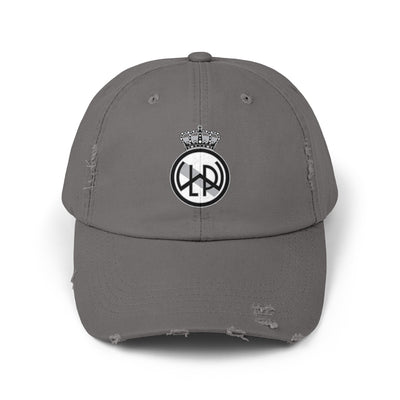 Custom distressed baseball hat in nickel gray color with LWPFC Club crest in black and gray.