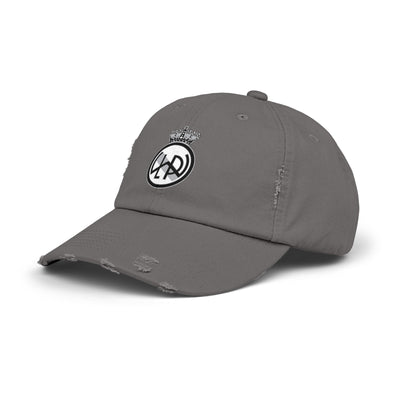 Custom distressed baseball hat in nickel gray color with LWPFC Club crest in black and gray.