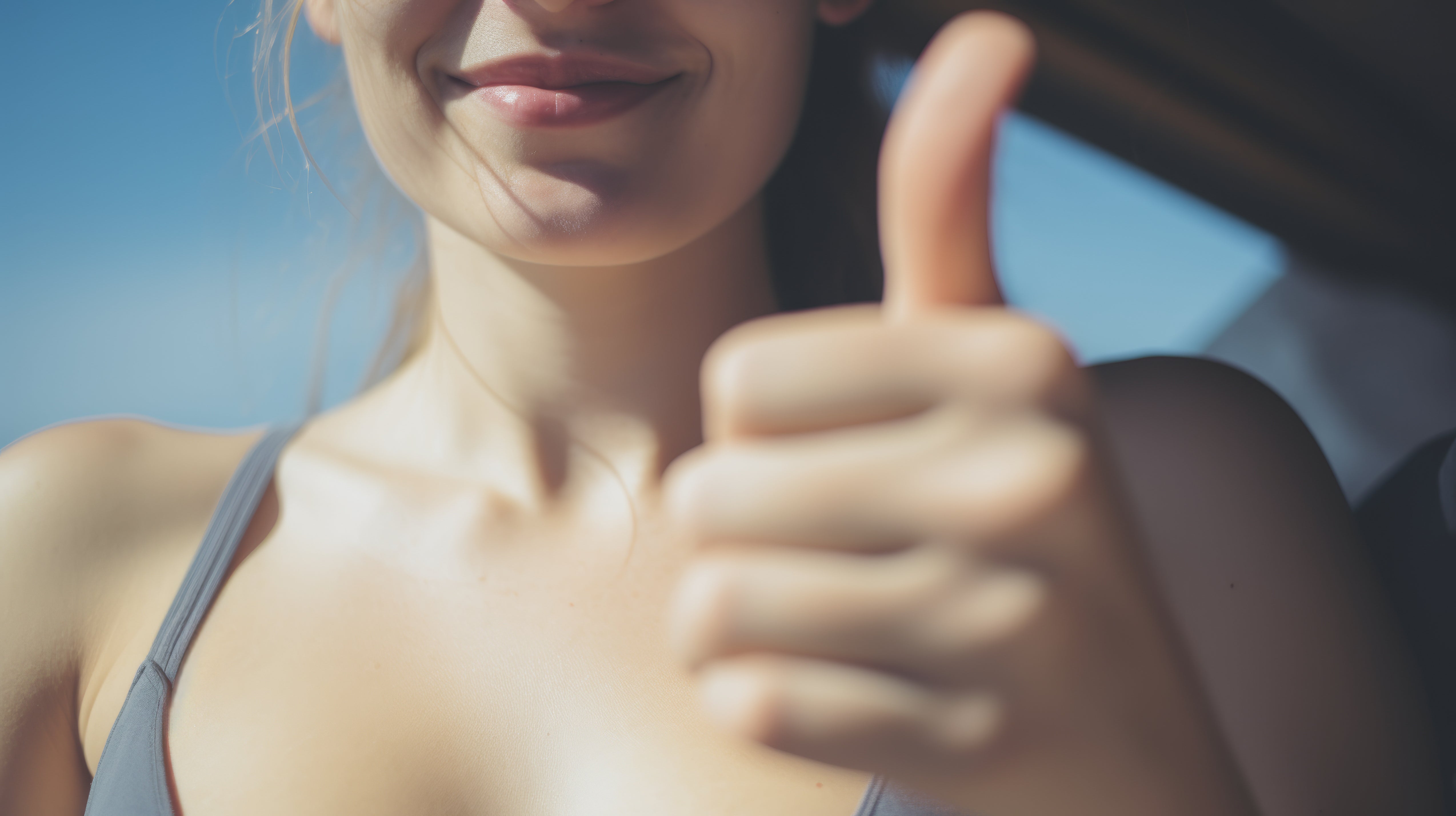 A young woman smiling and giving a thumbs up sign to show she is happy and content.